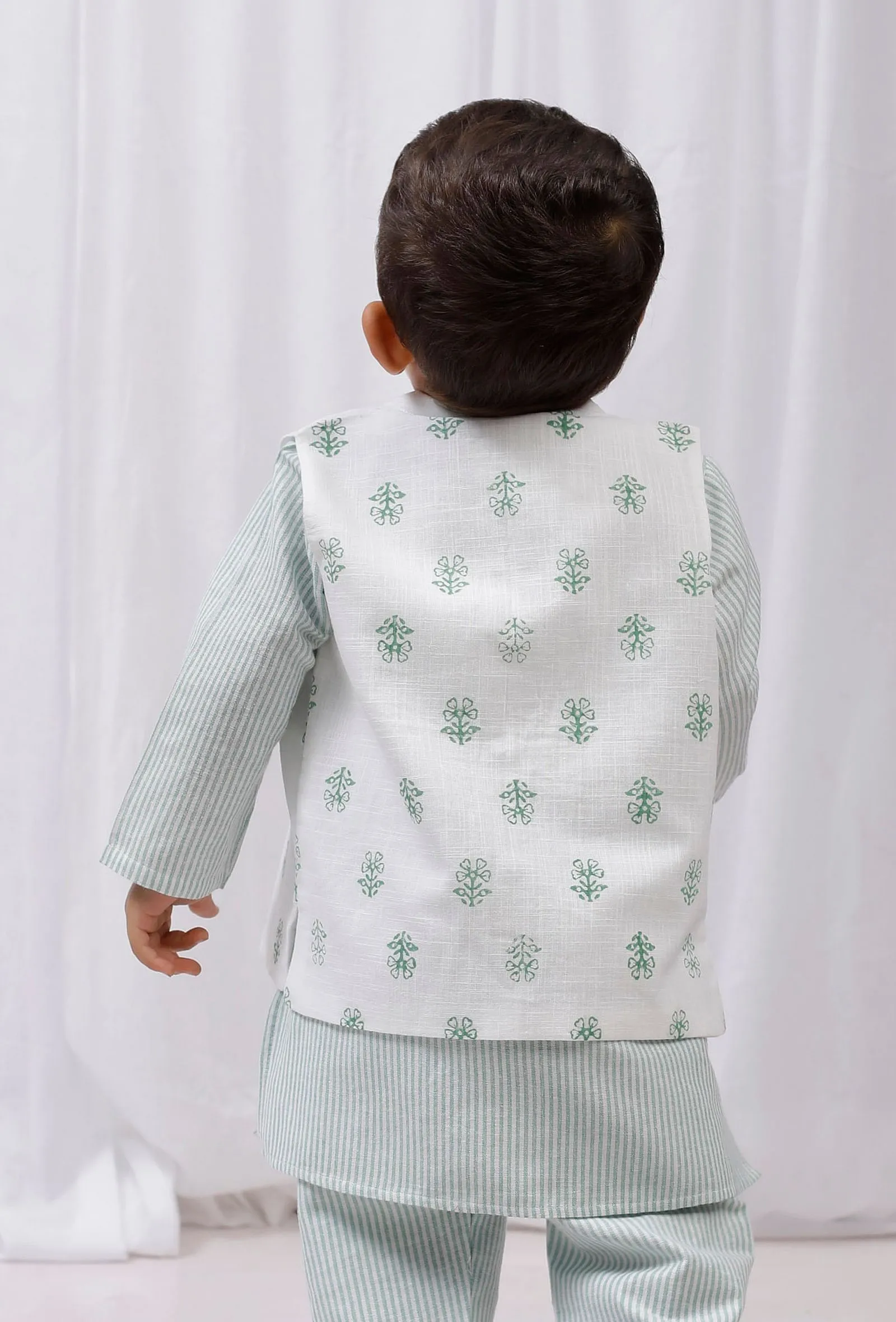 Green Floral Block Printed Nehru Jacket