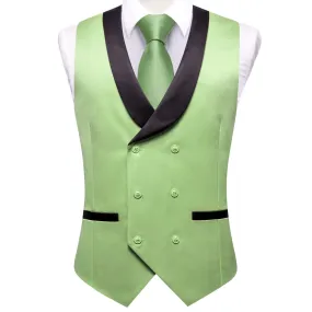 Hi-Tie Pistachio Green Double Breasted Black Shawl Lapel Wedding Vest