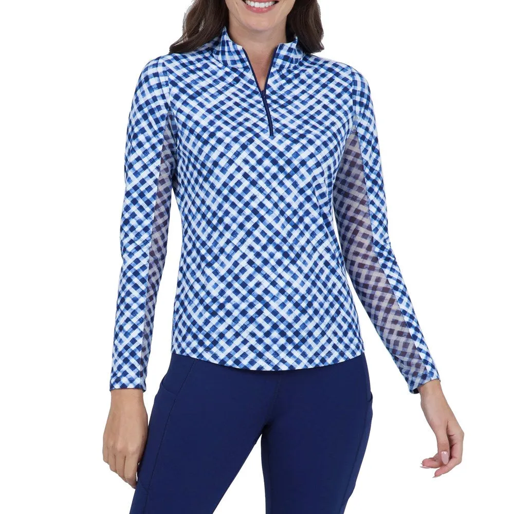 IBKUL Women's Gingham Print Long Sleeve Mock Neck Golf Top - Navy/White