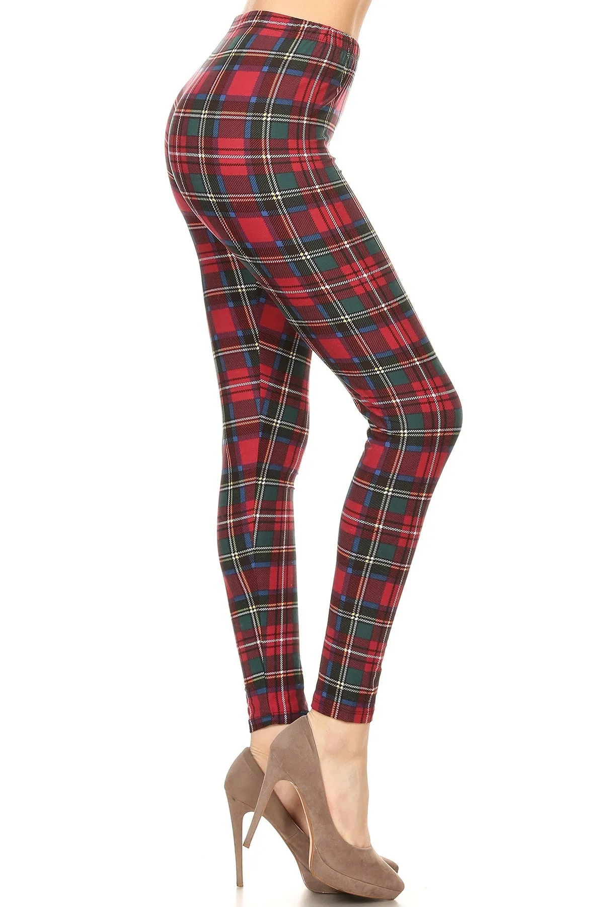 Women's 3 X 5X Burgundy Green Plaid Pattern Printed Leggings