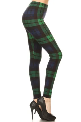 Women's Plus Green Black Plaid Pattern Printed Leggings