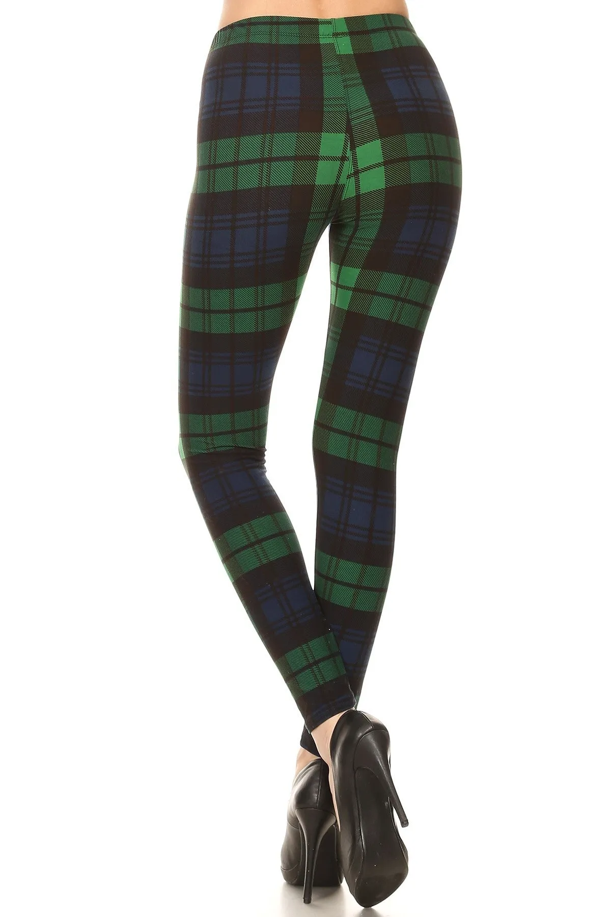 Women's Plus Green Black Plaid Pattern Printed Leggings