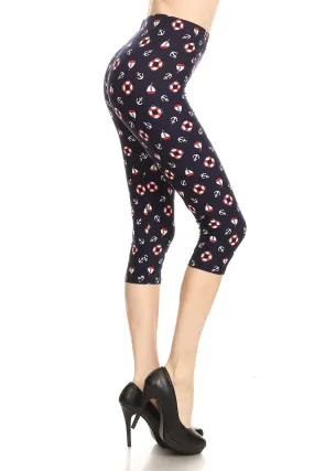 Women's Plus Life Ring Anchor Yacht Printed Cropped Capri Leggings