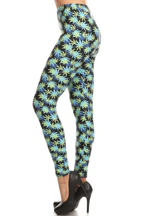 Women's Plus Yellow Leaf Plant Pattern Printed Leggings