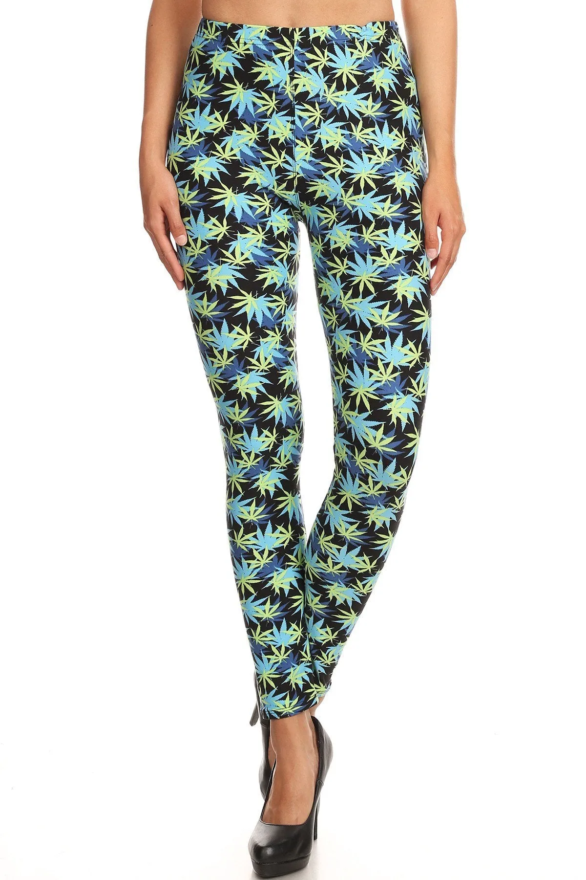 Women's Plus Yellow Leaf Plant Pattern Printed Leggings